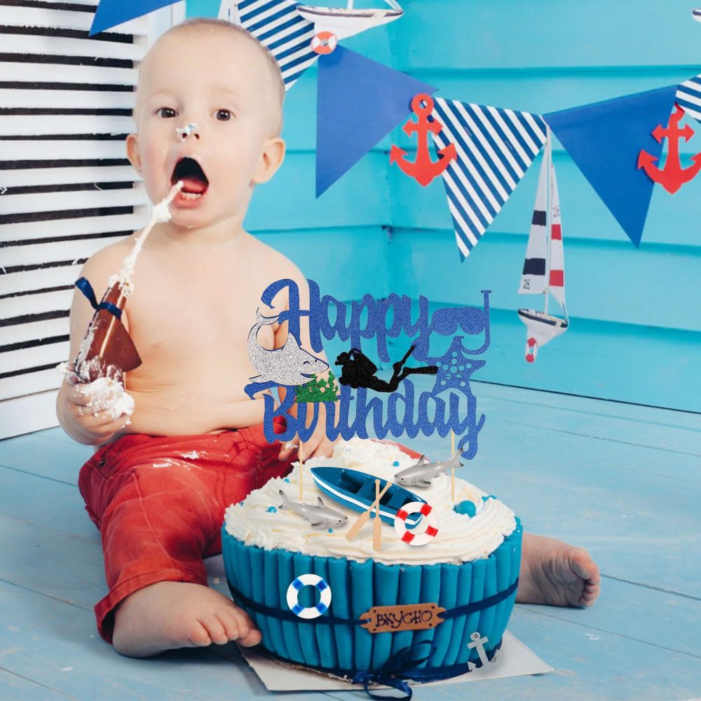 Shark Cake Topper Kit, Beach Baby Shark Cupcake Topper Set Including Shark Figurines Boat Anchor Paddle Life Buoy for Boys Girls Ocean Themed Birthday Party Under The Sea Fish Decorations Supplies - Image 4