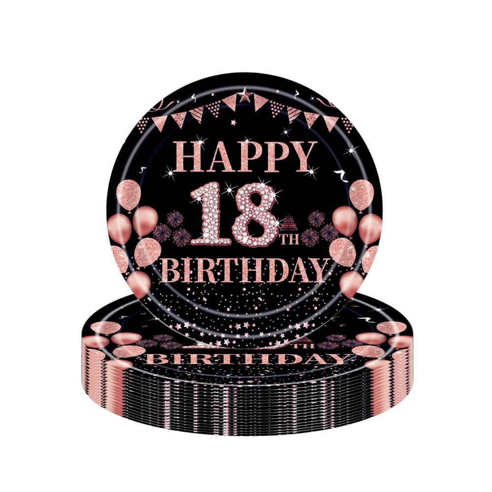 16Pcs Black Rose Gold 18th Birthday Paper Plates 9",Birthday Tableware Party Plate Disposable,Happy 18th Birthday Table Decorations Plates Birthday Gifts for Girls,Her 18th Birthday Party Supplies