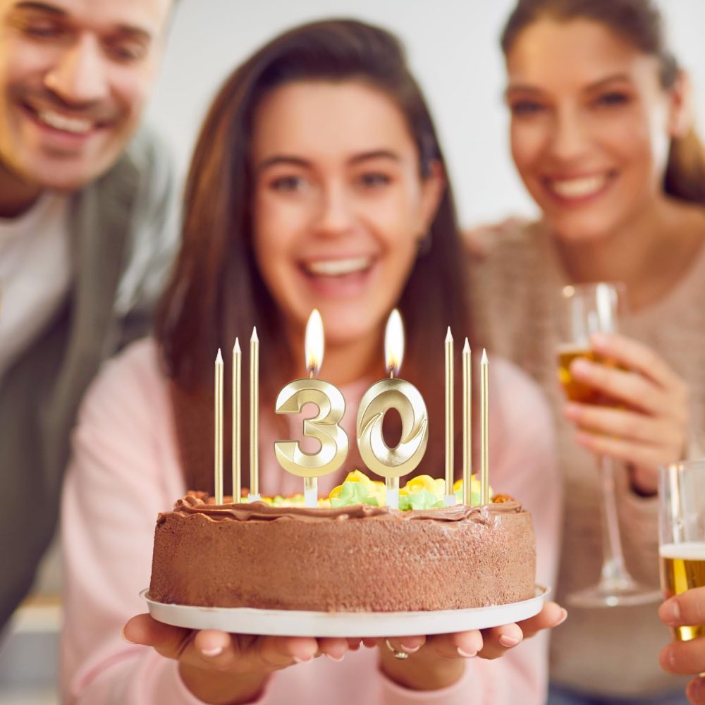 Golden 21st Birthday Cake Candle, Birthday Number Candle with 6 Long Candles, 21th Birthday Candle Set, Golden Candle Cake Topper for Cake Candle Decoration Birthday Party Wedding Anniversary - Image 4
