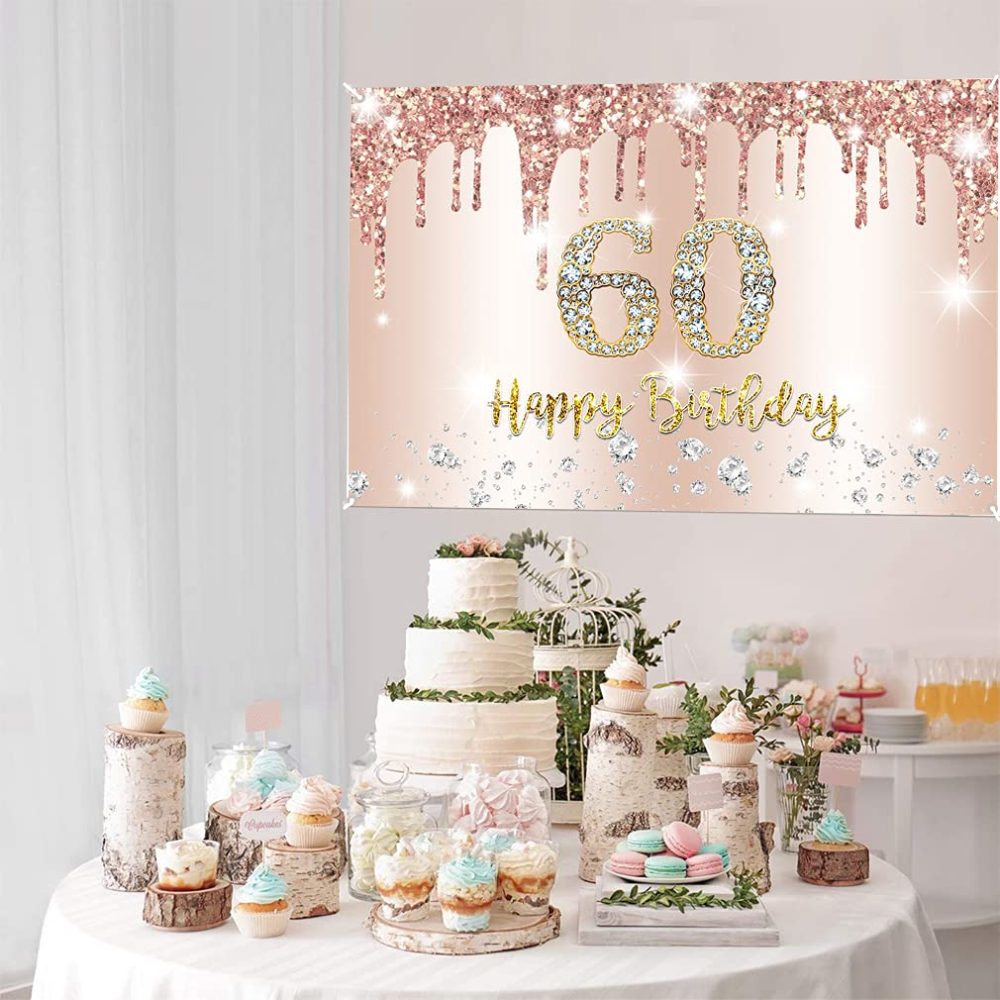 Happy 60th Birthday Party Decoration Backdrop Banner for Woman Happy 60 Years Old Fabric Sign Poster, Glitter Rosegold Photo Background 60th Birthday Decorations Party Supplies, 150x90cm - Image 3