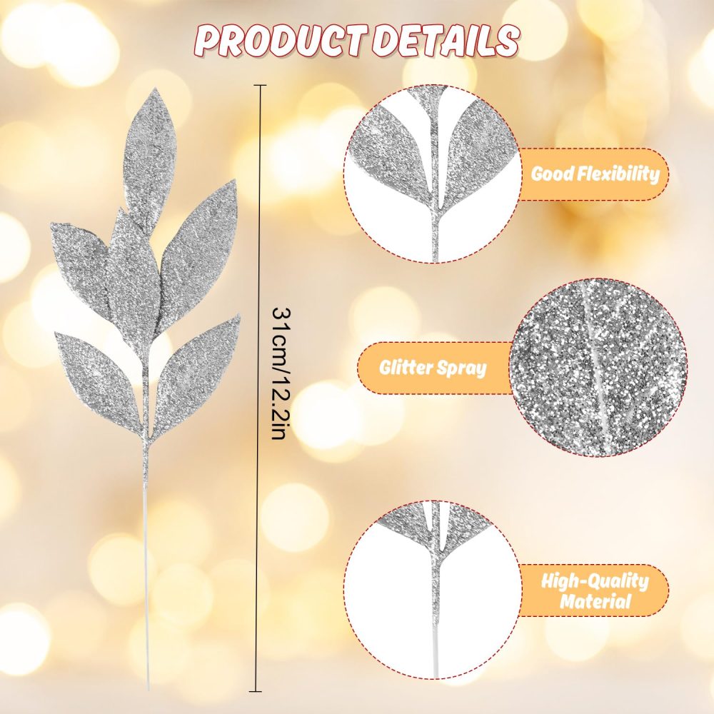 VEYLIN Christmas Glitter Bay Leaf, 12Pcs Artificial Christmas Tree Picks Sprays for Christmas Tree Wreath Floral Wedding Bouquet Decoration(Silver) - Image 7