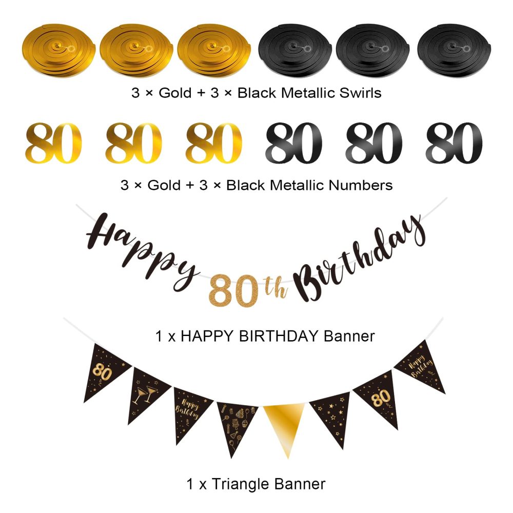 SZHUIHER 80th Birthday Decoration Kit, Happy 80th Birthday Banner Bunting Swirls Streamers, Triangle Flag Banner for Birthday Party Decorations Supplies Black and Gold 80th - Image 4