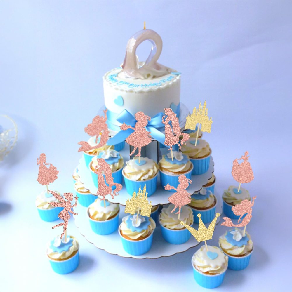 Ephlyn 24Pcs Glitter Princess Cupcake Toppers Mermaid Castle Girl Birthday Cupcake Toothpicks for Princess Mermaid Theme Baby Shower Birthday Party Cake Decorations Rose Gold - Image 4