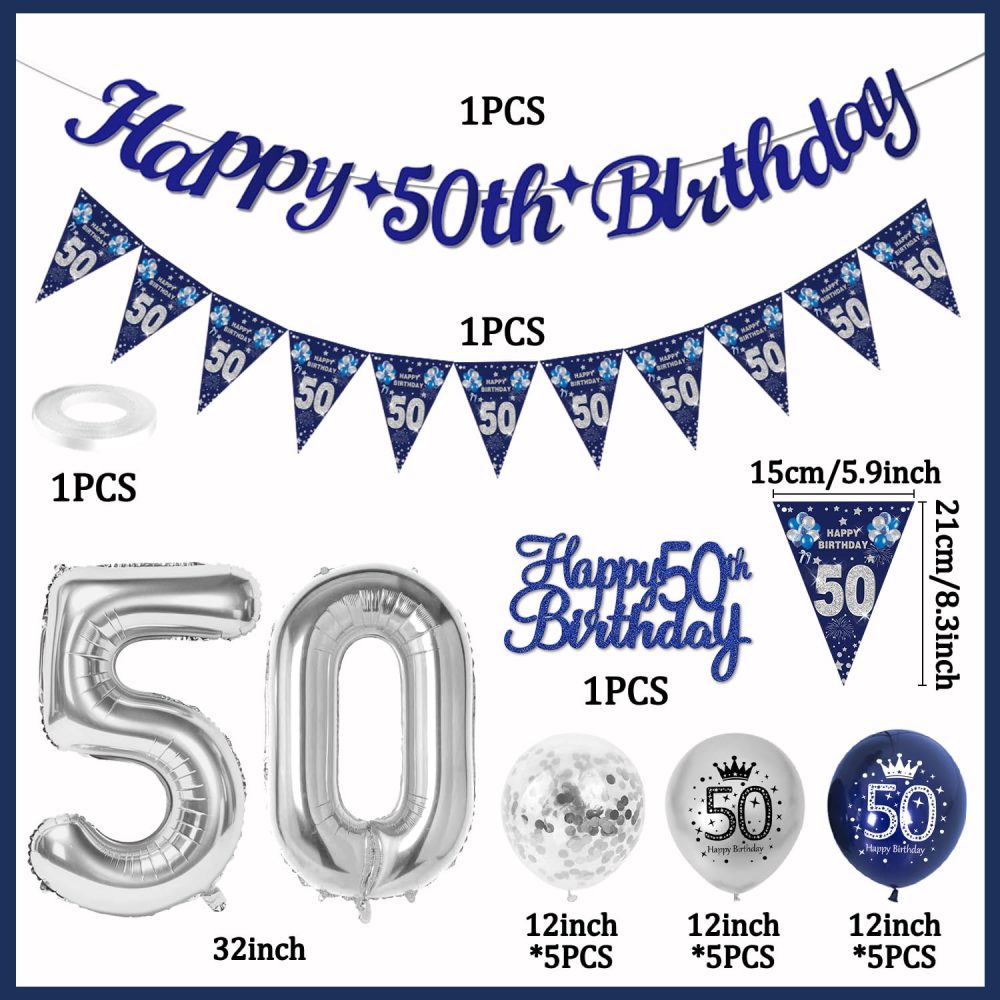 50th Birthday Decorations for Men, Happy 50th Birthday Banner Blue and Silver Party Decorations, 50th Birthday Balloons, Navy Blue and Silver Balloons Cake Topper for Men 50 Birthday Party Supplies - Image 7