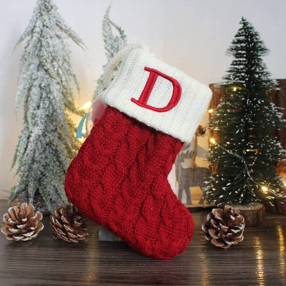 Christmas Stocking with Letter Monogram Mini Cute Christmas Stocking Decorative Socks Knitted Plush Gift Stocking for Family Holiday Party Decor (Red D, One Size) - Image 7