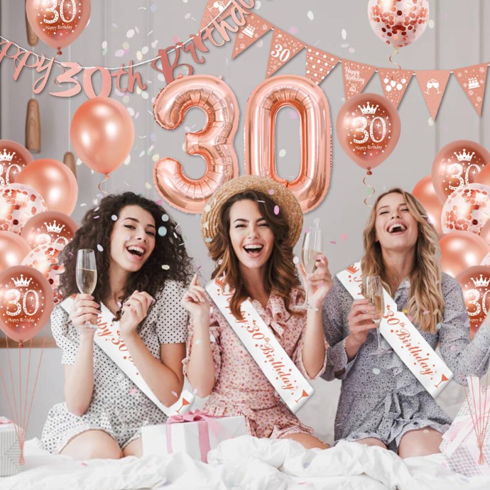 30th Birthday Decorations, Rose Gold 30th Birthday Decorations for Women,Happy 30th Birthday Banner Triangle Flag Bunting 30th Birthday Sash 30th Balloons Cake Topper for Birthday Party Decorations - Image 6