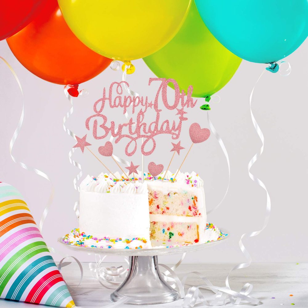 Boao Cake Topper Set, Happy 70th Birthday Cake Topper with Heart Star Cupcake Picks Glitter Cake Decoration for Birthday Party Cake Supplies, Rose Gold - Image 6