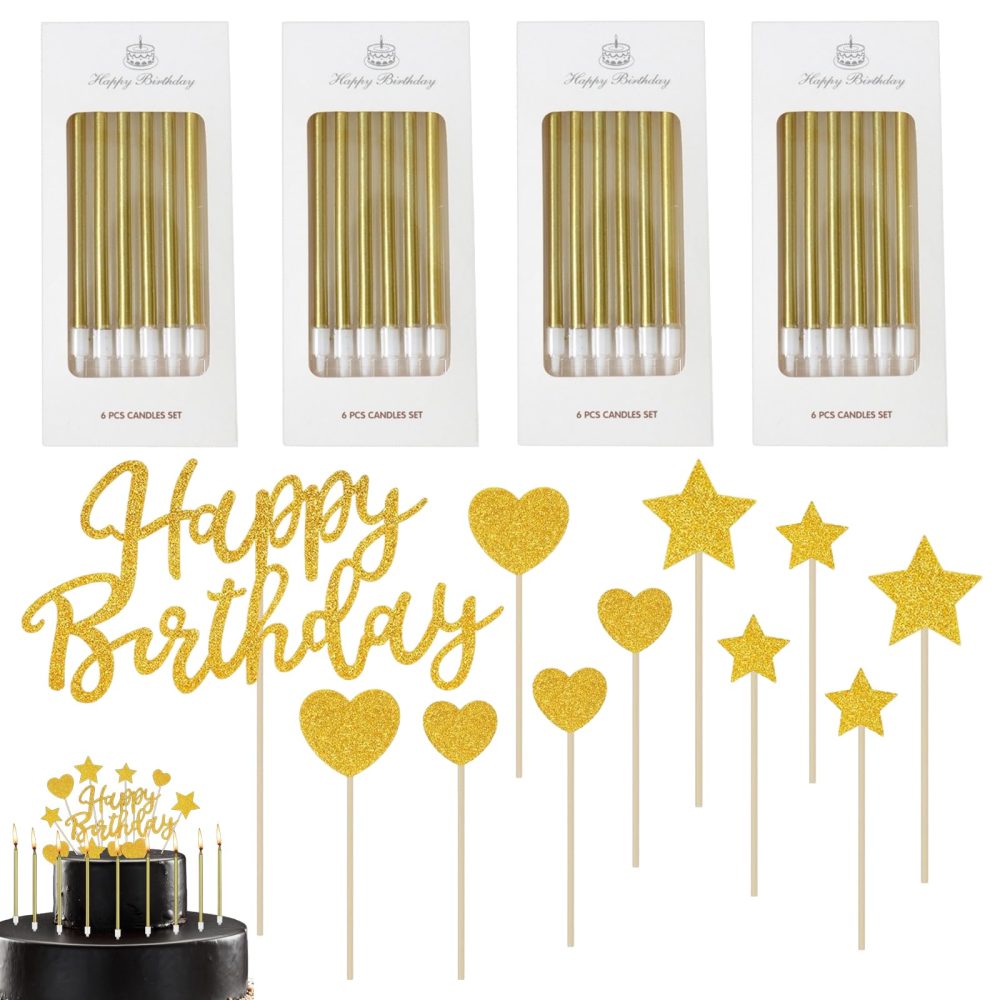 35PCS Gold Birthday Cake Candles Set,24PCS Birthday Cake Candles 11 Glitter Happy Birthday Cake Toppers Long Gold Candle Candles for Cake for Birthday Wedding Party Decoration