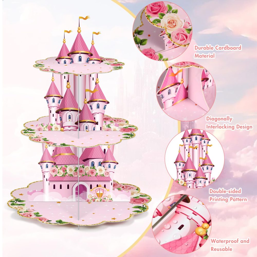 Zopeal 3 Tier Princess Birthday Cupcake Stand Party Decorations Floral Princess Cupcake Holder Pink Castle Crown Carriage Dessert Tower for Girls Birthday Princess Theme Baby Shower Party Supplies - Image 6