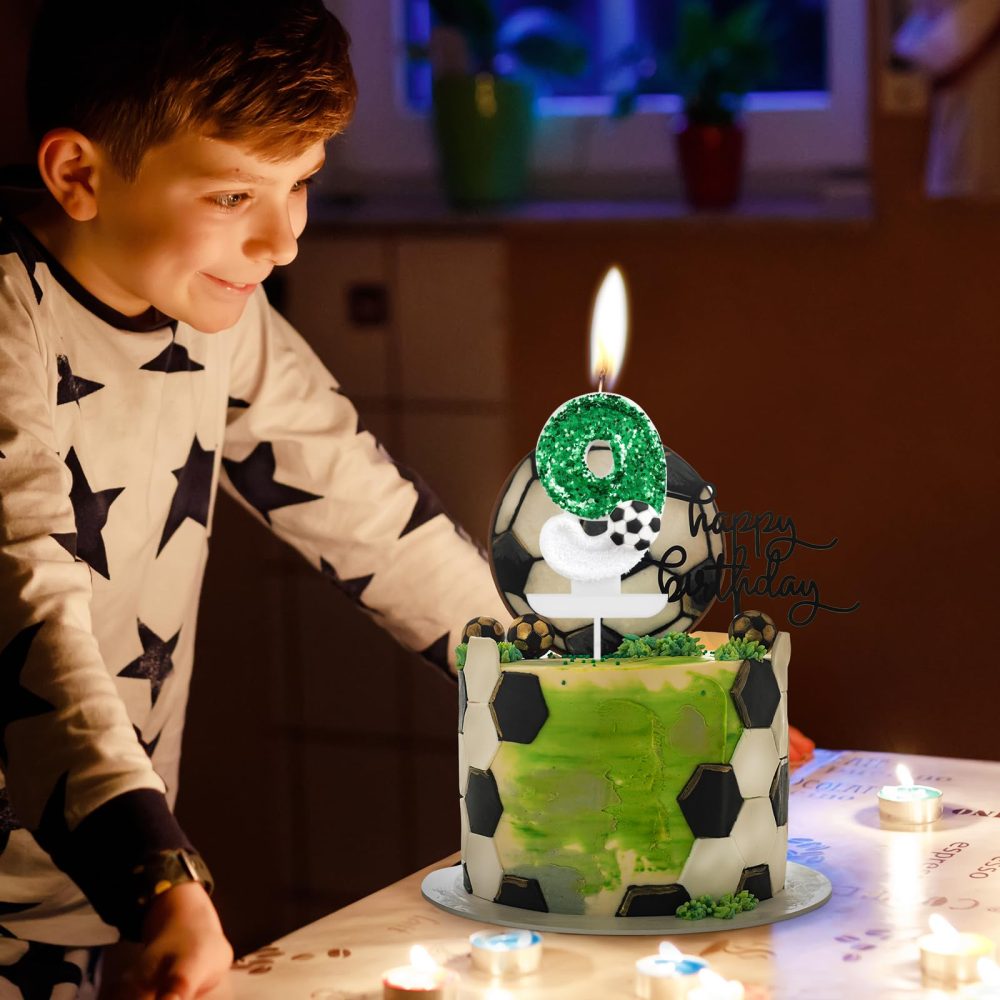 Football Birthday Number 9 Candle, Sparkling Sequin Green White Birthday Cake Topper Decorations for Birthday Party, Football-Themed Activities, Wedding, Anniversary Supplies - Image 5
