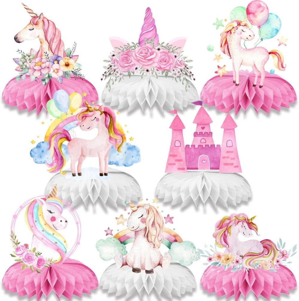 8pcs Magic Unicorn Honeycomb Ornament,Pink Series Paper Table Tops,Girl Birthday Theme Party Table Decoration DIY Paper Flower - Image 8