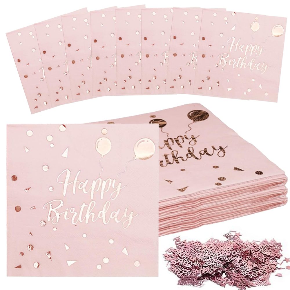 40 Pack Birthday Napkins, 2 Layers Pink Rose Gold Napkins, Happy Birthday Napkins with Confetti, Disposable Party Napkins Set for Table Decorations Cocktail Supplies