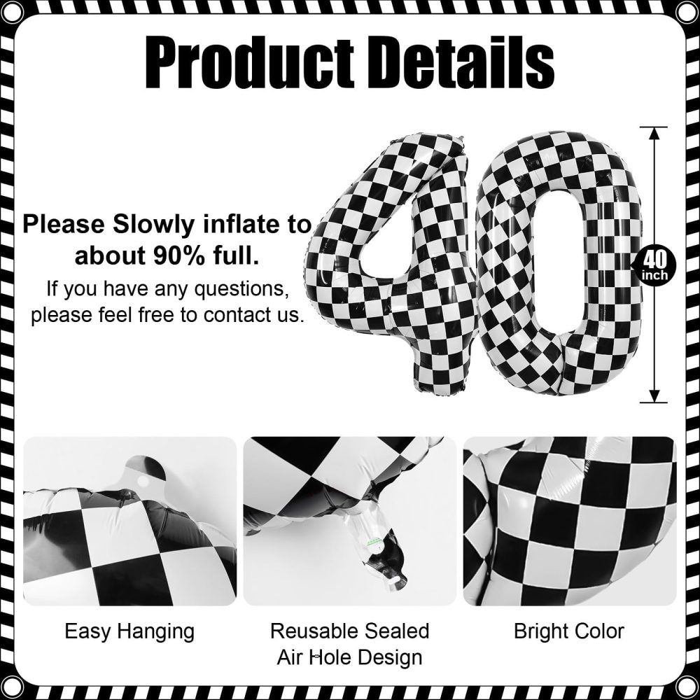 TNYKER Checkered Number 40 Balloon, Black and White 40th Birthday Balloons Foil Helium Checkered Flag Balloons, 40 Inch Racing 40 Balloon for Men 40th Racing Themed Birthday Party Decorations Supplies - Image 6
