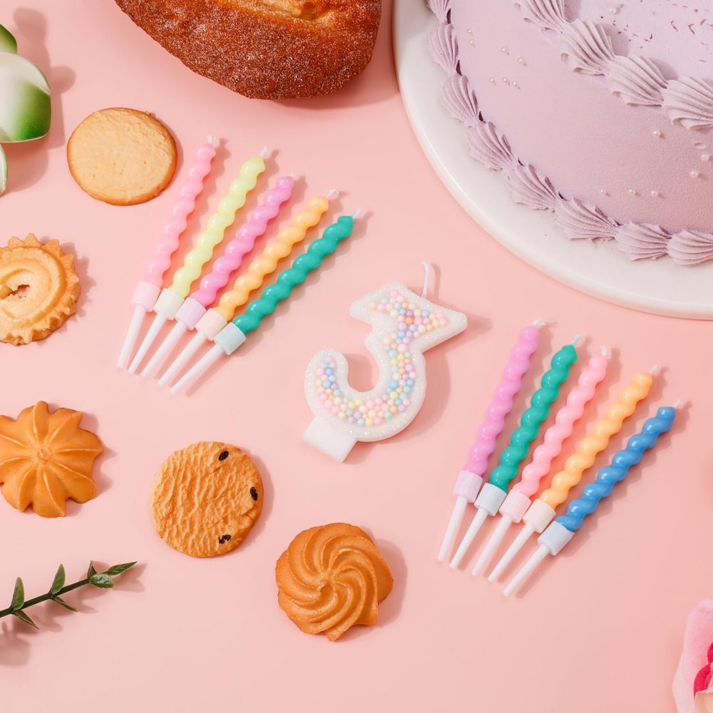 Macaron Number Birthday Candles, Sweet Number Candles with 12pcs Rainbow Spiral Candles Candy Color Cake Topper Candle for Anniversary Party Wedding Boys Girls (3) - Image 4