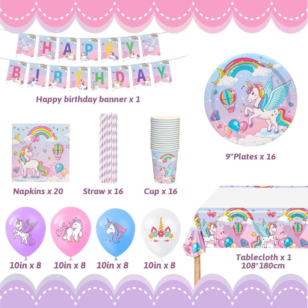 yosiio Unicorn Party Tableware Set, 16 Guests Unicorn Birthday Decoration Set, Party Supplies Paper Plates Cups Napkins Table Cloth Balloons for Kids' Birthday Baby Shower - Image 7