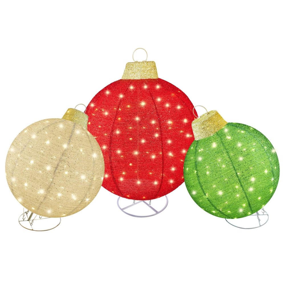 HOYECHI 3pc Lighted Pop-Up Outdoor Christmas Ornament Set – Holiday Ball Decorations with 290 LED Lights, 8 Lighting Modes, for Yard & Outdoor Christmas Decor - Red/Green/Gold