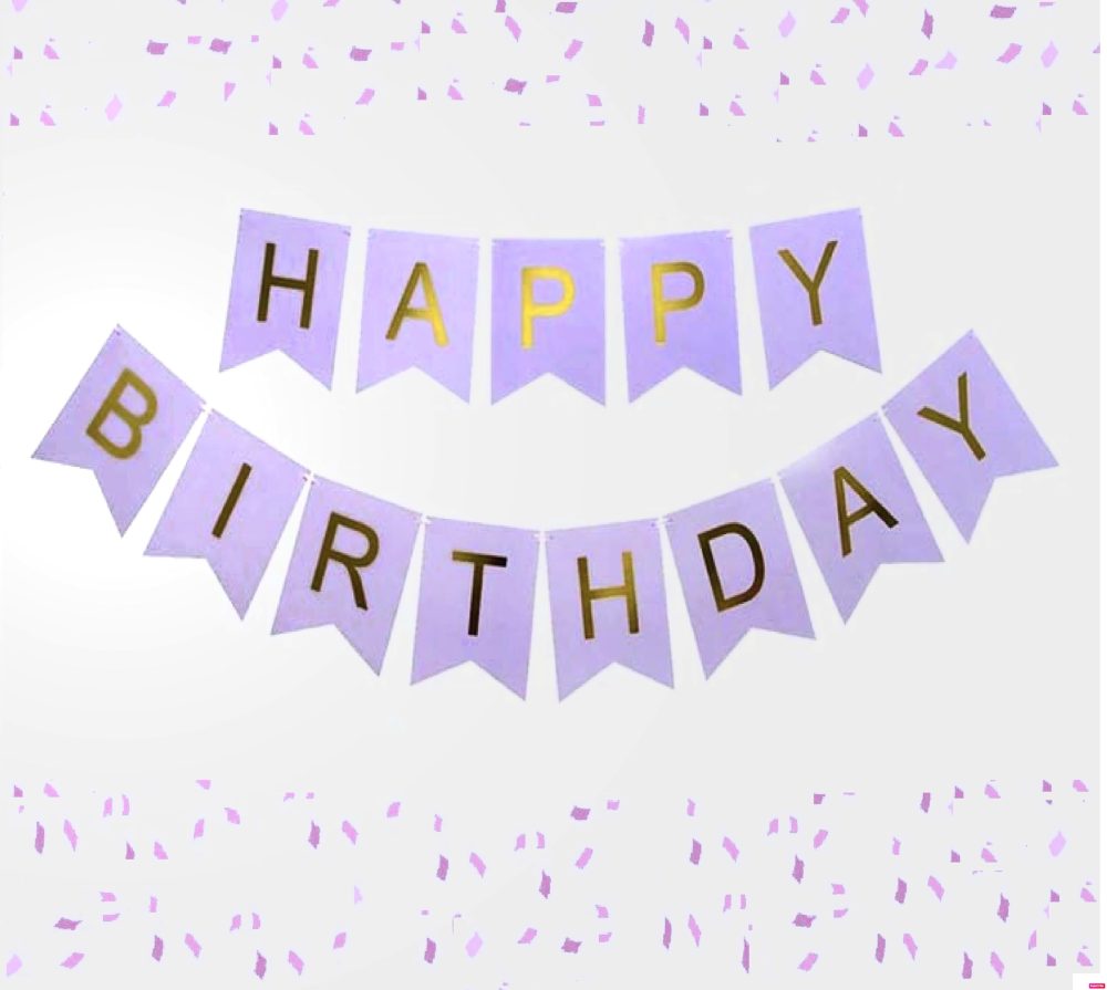 Happy Birthday Banner Purple Lilac Pastel Bunting Girls Women with Shimmering Gold Foil Letters Party Decorations