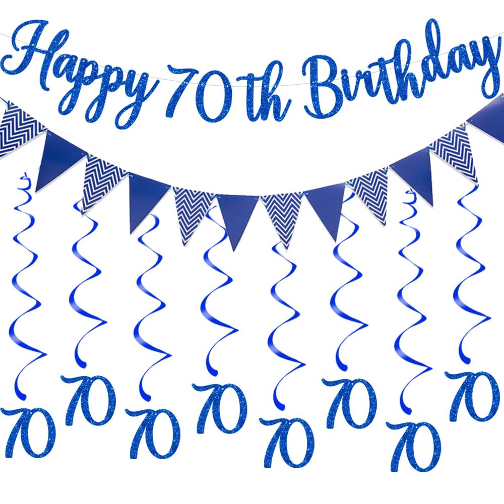 Elicola 70th Birthday Party Blue Decorations Happy 70th Birthday Bunting Banner With 8PCS number 70 Hanging Swirls Streamers for Womens Birthday Anniversary Party Decor Supplies Blue