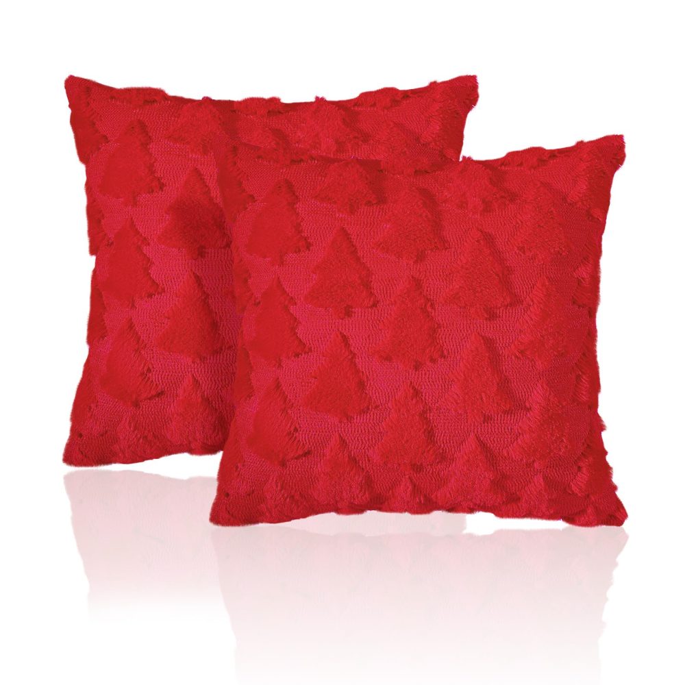 Lewondr Christmas Throw Pillow Cover 18x18, Set of 2 Super Soft Faux Fur Pillow Covers Velvet Christmas Tree Embroidery Decorative Throw Pillowcase for Living Room Bed Couch Sofa Car Home Decor, Red - Image 2