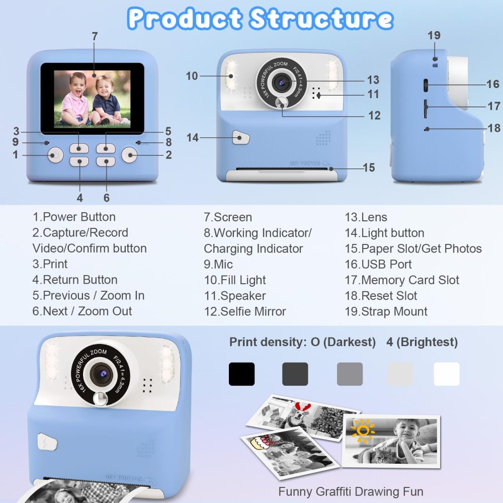 Instant Print Camera for Kids, Christmas Birthday for Age 3-12 Girls Boys Gifts, Children Selfie Camera Print Black&White Photo for 3 4 5 6 7 8 9 Year Old Toddler Toys with 32GB Card (Blue) - Image 4