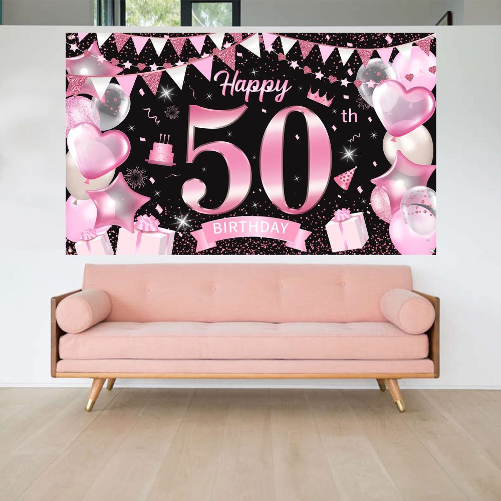 50th Birthday Decorations for Women, Large Happy 50th Birthday Banners Backdrop for Her, Black Pink 50th Birthday Party Background Banner Poster for Outdoor Home Garden Wall Photography Decor Supplies - Image 2