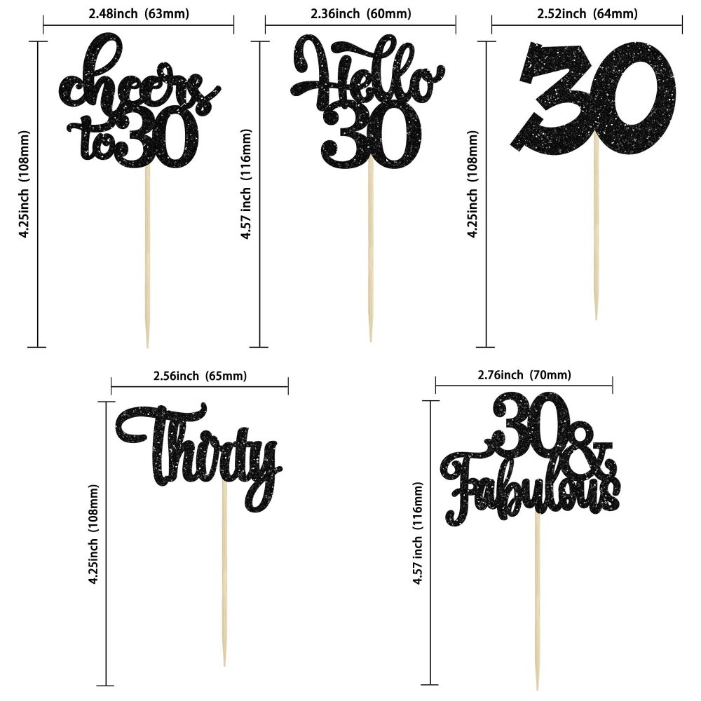 30Pcs Happy 30th Birthday Cupcake Toppers Black Glitter Thirty Cheers to 30 Birthday Cupcake Picks for Happy 30th Birthday Anniversary Party Cake Decorations Supplies - Image 7