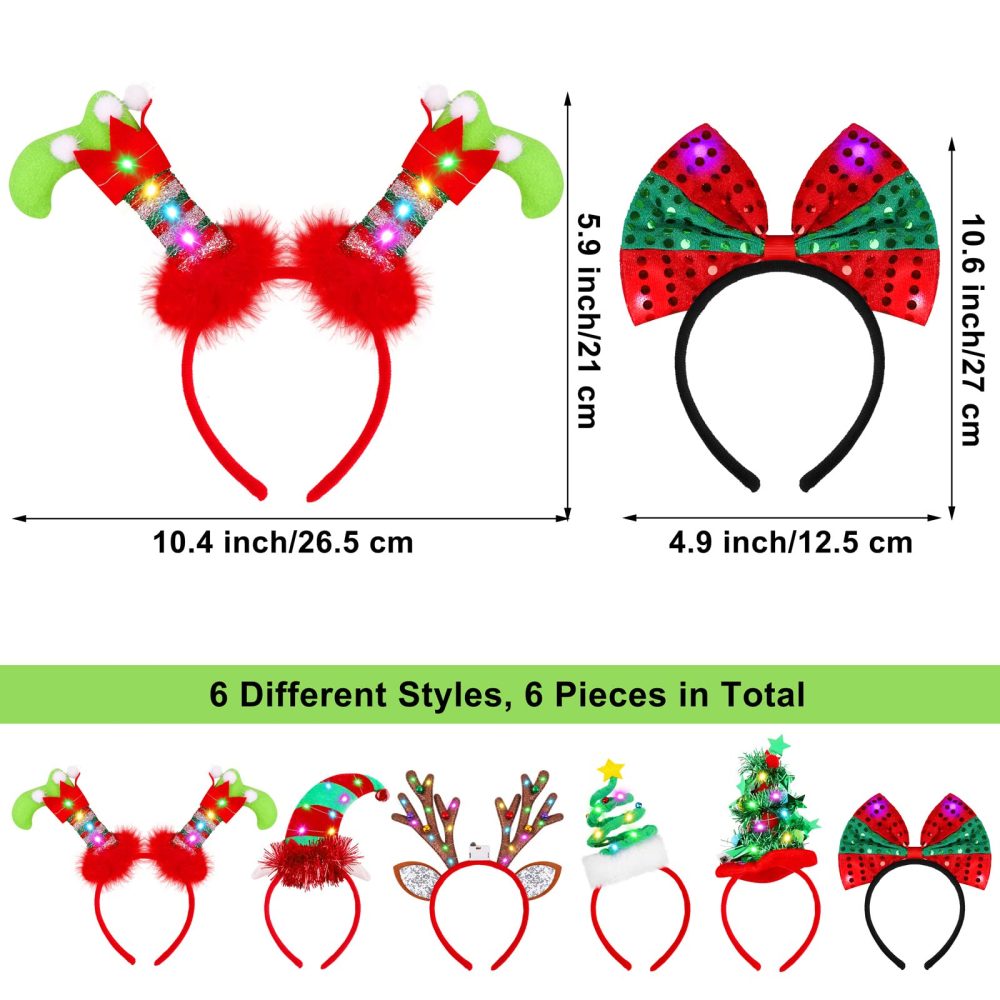 Fovths 6 Pack Christmas Headbands LED Reindeer Head Boppers Xmas Antler Santa Elves Hair Bands for Christmas Holiday Party Accessoriess - Image 7