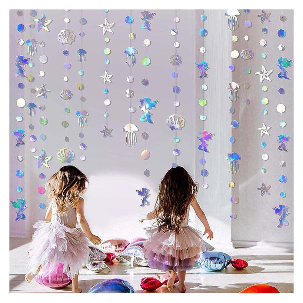 Dinghaole 52Ft Iridescent Mermaid Party Decorations-Bubble Pearl Starfish Seashell Jellyfish Garland-Ocean Under The Sea Theme-Baby Shower Birthday Party Supplies-Holographic Paper Bunting Streamers - Image 4