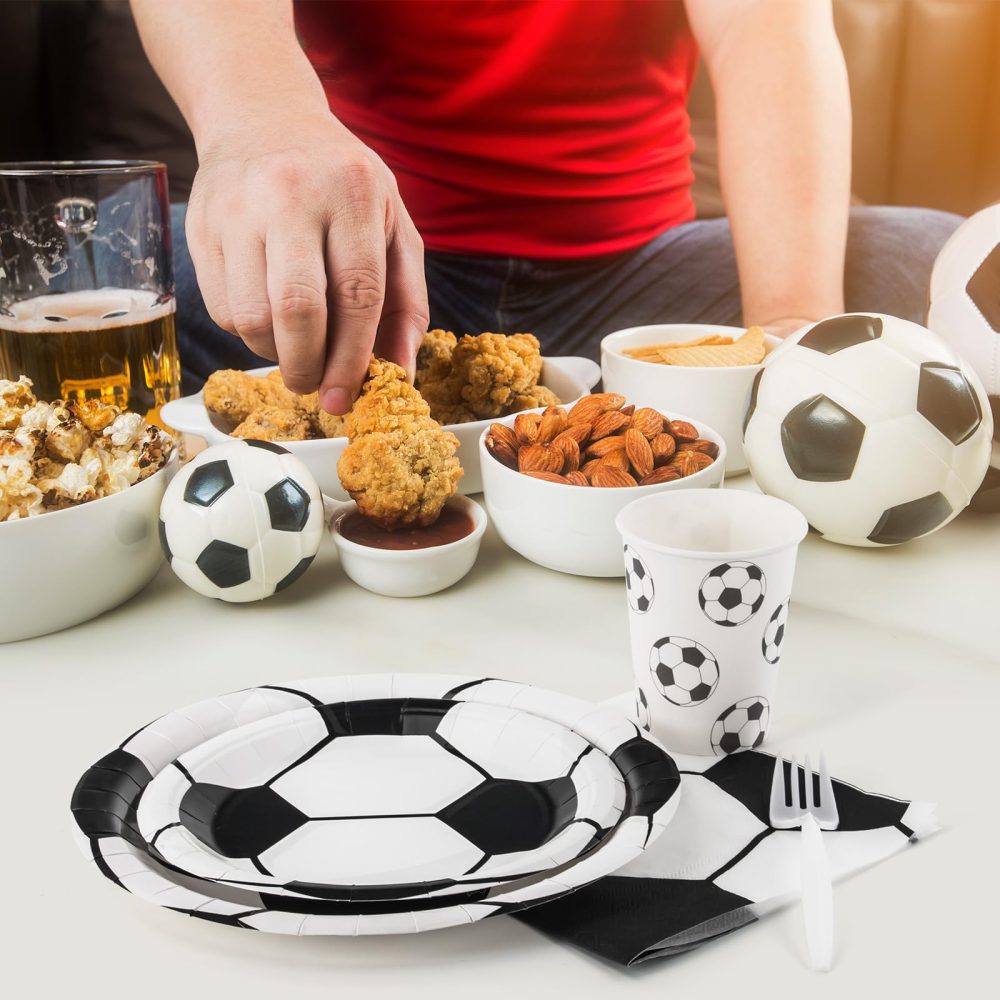 PARTY GO 96 Pcs Football Party Tableware Set, Paper Plates Cups and Napkins, Disposable Dinnerware Party Supplies for Birthday, Black White Football Soccer World Cup Decorations Serve 24 Guests - Image 4