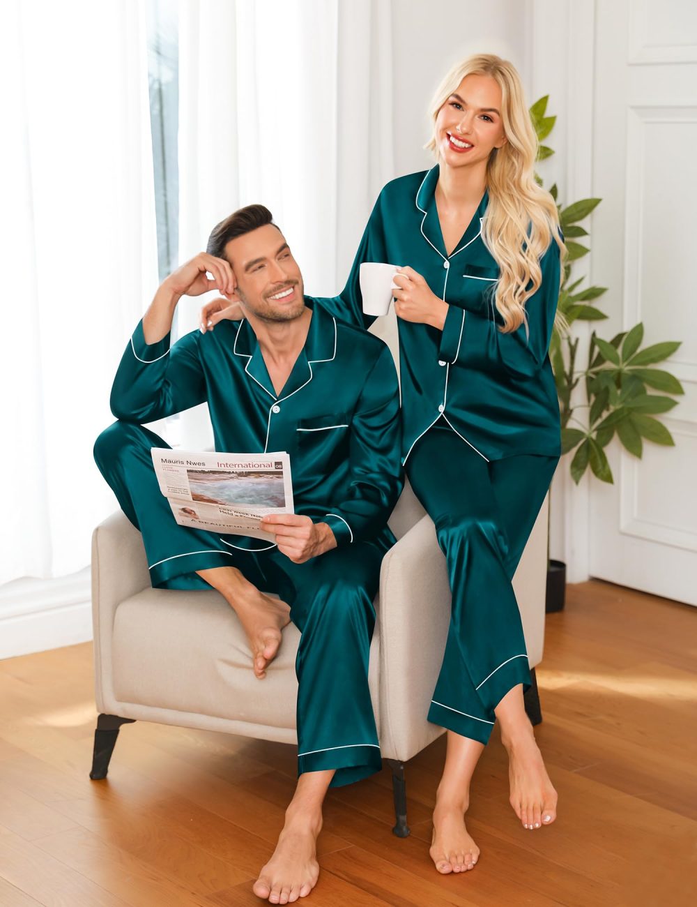 SWOMOG Mens Matching Pyjamas Set Silk Satin Button Down Sleepwear Long Sleeve Nightwear 2 Pcs Pj Set Men Green XX-Large - Image 5