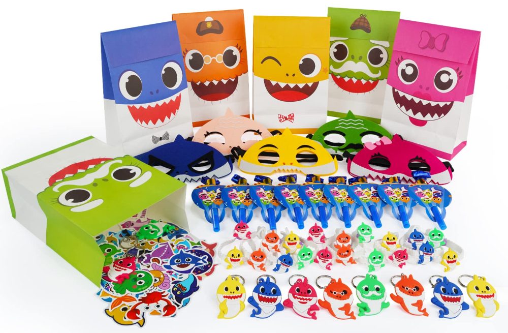 Baby Shark Party Favor Bags and Party Toy Stuffing Including 10 Goodie Bags 10 Shark Mask 10 Bracelet 50 Sticker 10 Baby Shark Keychain for Kid's Birthday Party Supplies and Kids Return Present