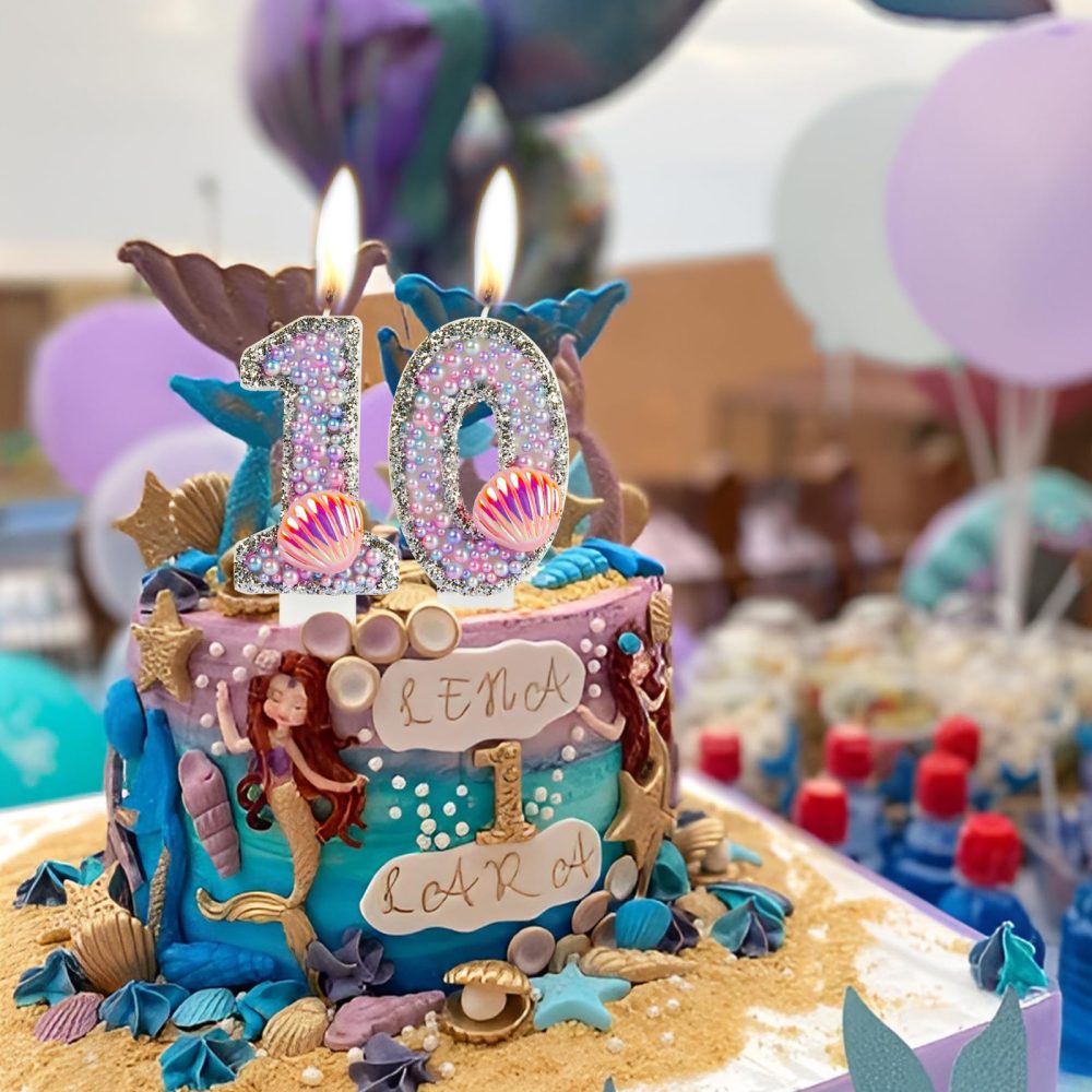 Girls Mermaid 1st Birthday Number Candles, Glitter Mermaid Number 1 Candle with Pink Shell Sequins, Pink Purple Pearls Cake Candles for Girls Mermaid Themed Birthday Decorations Party Supplies - Image 5