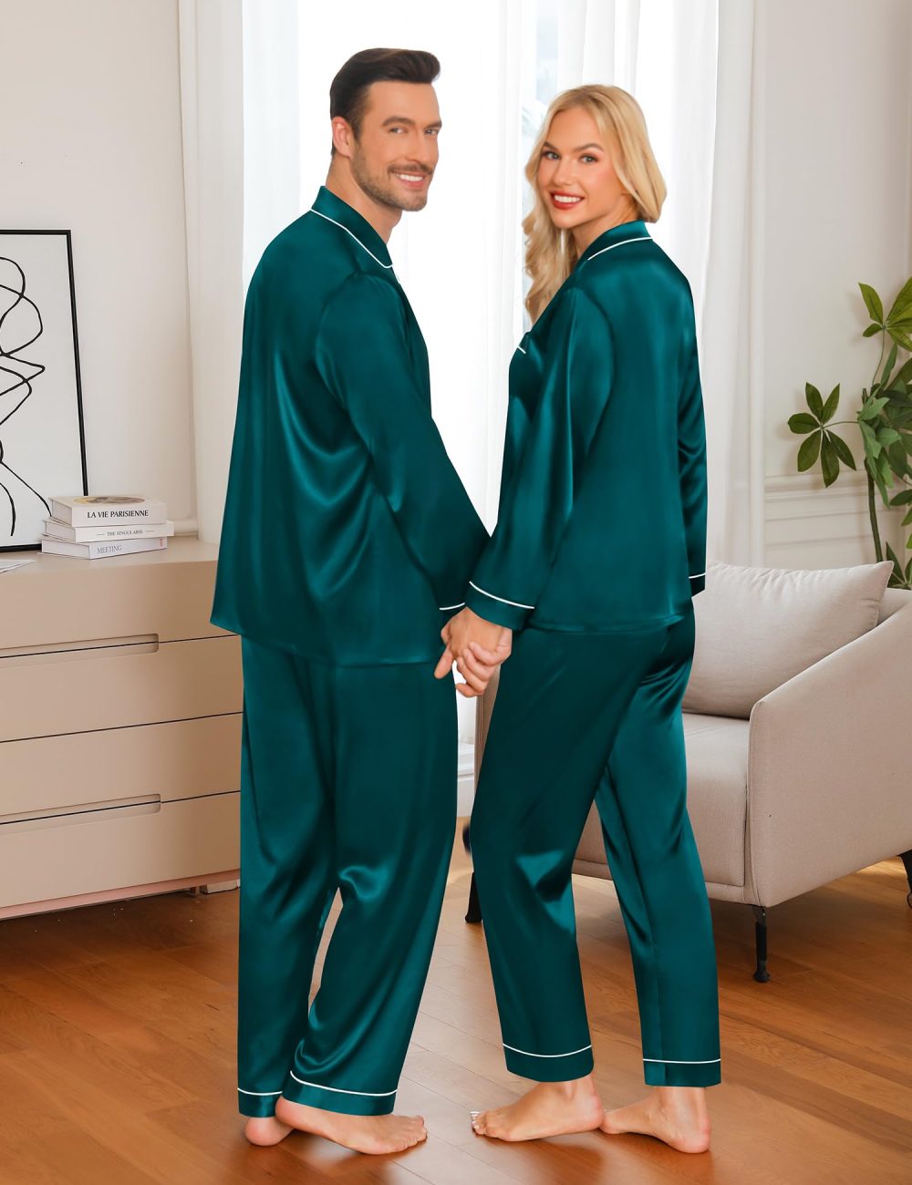 SWOMOG Mens Matching Pyjamas Set Silk Satin Button Down Sleepwear Long Sleeve Nightwear 2 Pcs Pj Set Men Green XX-Large - Image 4