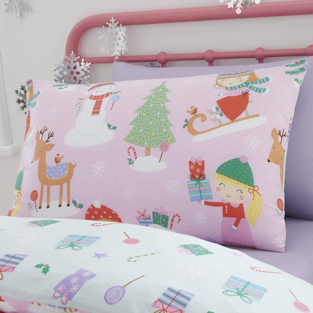 Happy Linen Company Kids Girls Festive Christmas Tree Ice Skating Sausage Dog Pink Single Reversible Duvet Cover Bedding Set - Image 4