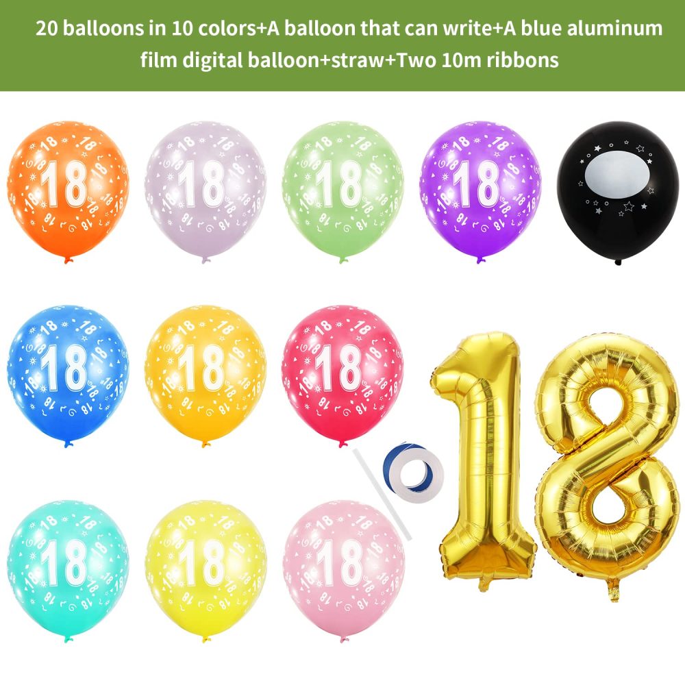 18th Birthday Balloons,Gold Number 18 Balloon and 20pcs 12" Multicoloured Numbers Printed Latex Age Balloons,Birthday Balloons for Girls Boys Birthday Decorations,18th Anniversary Party Supplies - Image 7