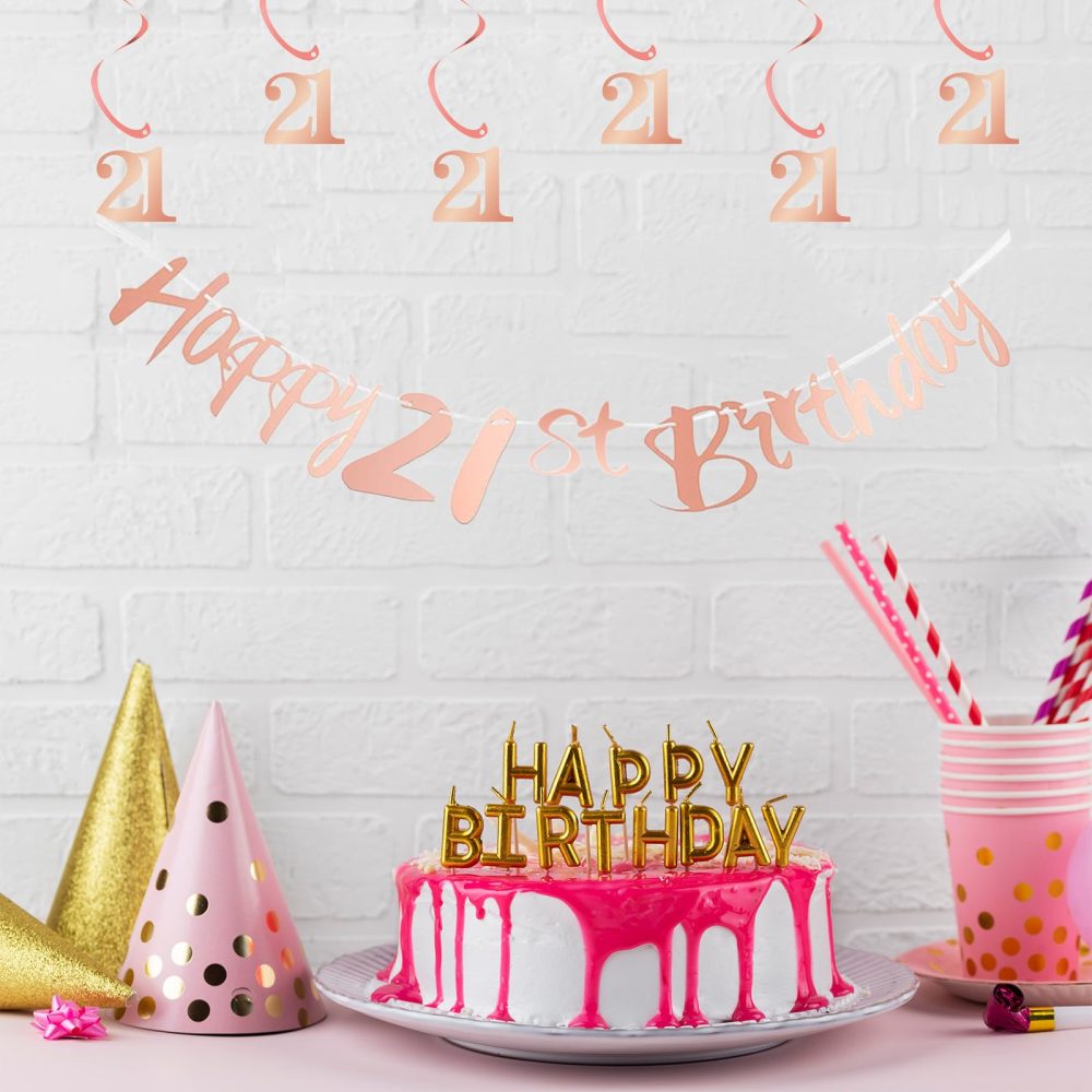 Bliceon 21ts Birthday Bunting Banner, Hanging Swirls Streamers, 21th Birthday Decorations Set for Girls 21 Years Old Birthday Decorations Party Decor - Rose Gold - Image 3