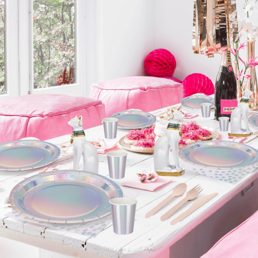 Iridescent Party Supplies Set Serve for 25 Guests, CEILIWEN 200PCS Holographic Paper Plates and Napkins Cup Set, Iridescent Party Tableware Set for Birthday Wedding Party - Image 3