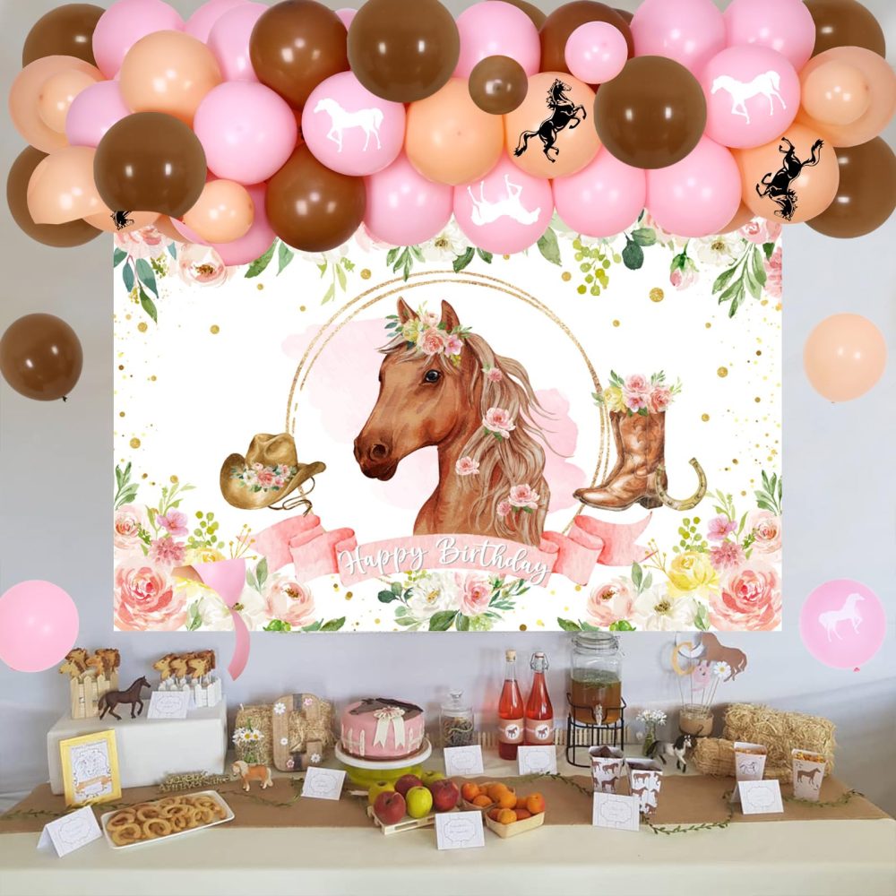 Horse Balloon Garland Arch Kit, Pink Floral Horse Photo Backdrop for Girls, Racing Horse Balloons, Horse Western Cowgirl Theme Birthday Wedding Party Supplies - Image 3