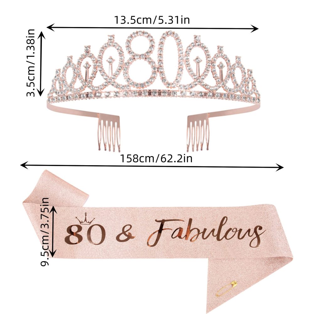 Mikccer Rose Gold 80th Birthday Sash and 80 Birthday Tiara, Rhinestone Crown Headband for 80th Birthday Gifts, 80th Birthday Decoration Party Accessories for Girls - Image 6