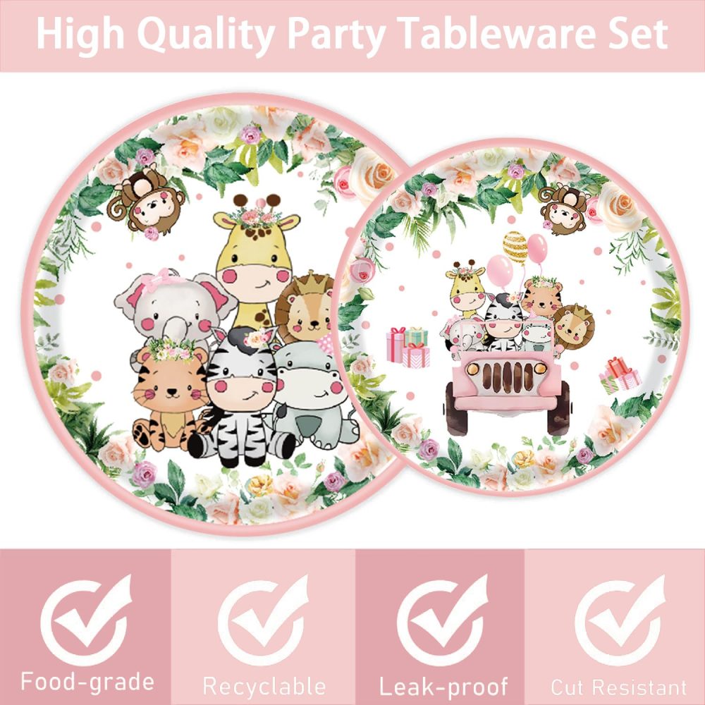 Jungle Safari Theme Birthday Party Supplies Pink Safari Jungle Animal Tableware Set Inlcude Plates Napkins Cup Girls Birthday Party Baby Shower Party Decoration Supplies - Image 5