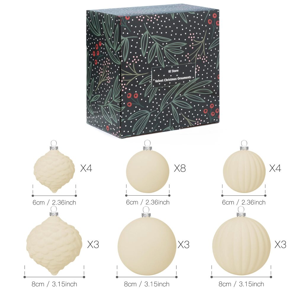 KI Store Cream White Velvet Christmas Baubles 25pcs Shatterproof Flocked Christmas Tree Ornaments 80mm 60mm Assorted for Xmas Tree Decorations (Cream) - Image 2