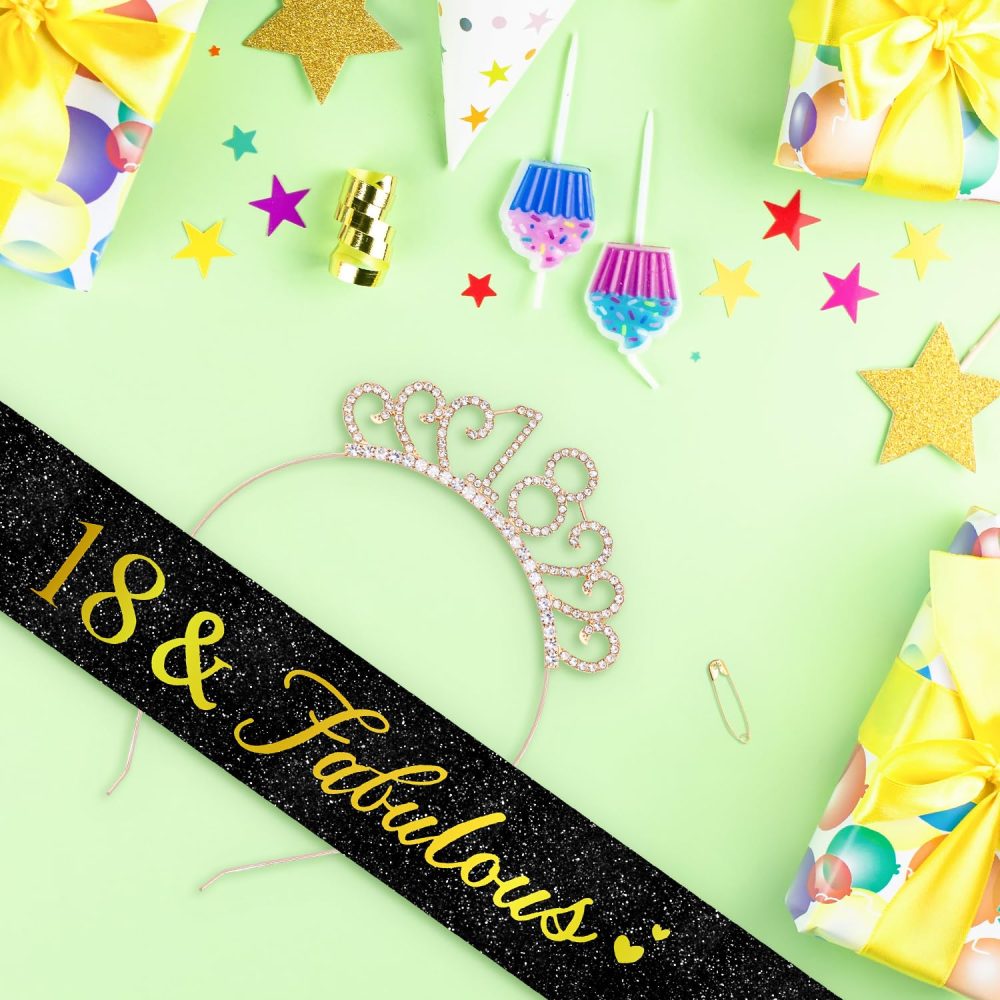 TOPWAYS 18th Birthday Sash and Tiara Set, Rose Gold 18 Glitter Crown Headband & Fabulous Sash Party Supplies 18th Birthday Gifts for Women Girls Her 18th Birthday Decorations (18 Fabulous, Gold Black) - Image 6
