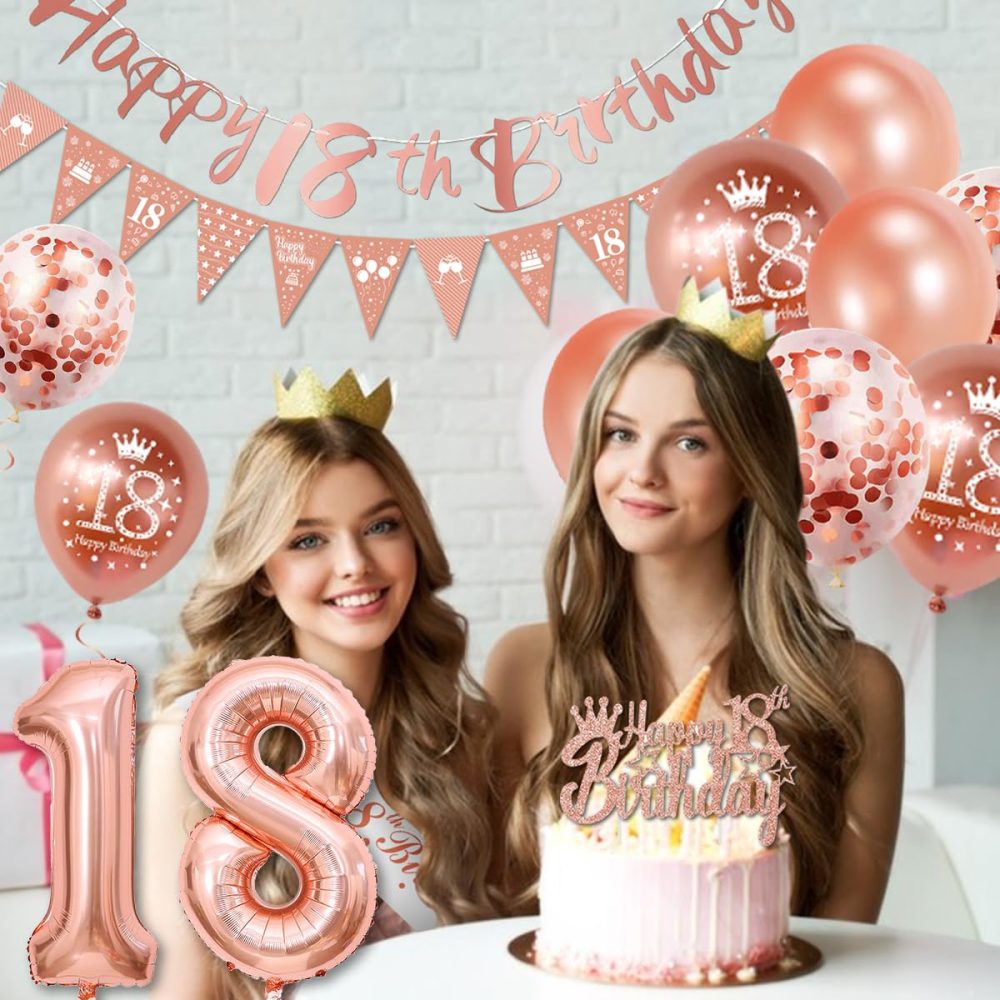 18th Birthday Decorations, Rose Gold 18th Birthday Decorations for Girls,Happy 18th Birthday Banner Triangle Flag Bunting 18th Birthday Sash 18 Balloons Cake Topper for Happy 18 Party Supplies Favor - Image 6