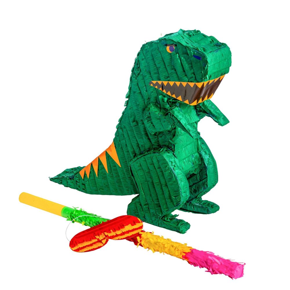 Fax Potato Dinosaur Cardboard Pinata, Stick and Blindfold Set - 3pc - Rainbow Stick - Fill Your Own Kids Large Party Accessory Decoration - W43cm x D13cm x H55cm