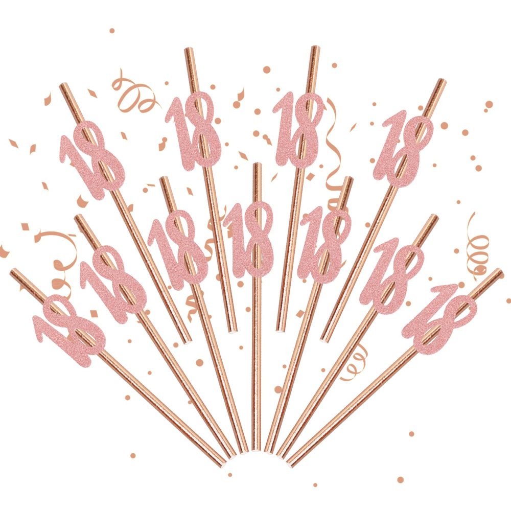 18th Birthday Straws, Pack of 24 Rose Gold Birthday Party Straws, 18th Birthday Party Supplies
