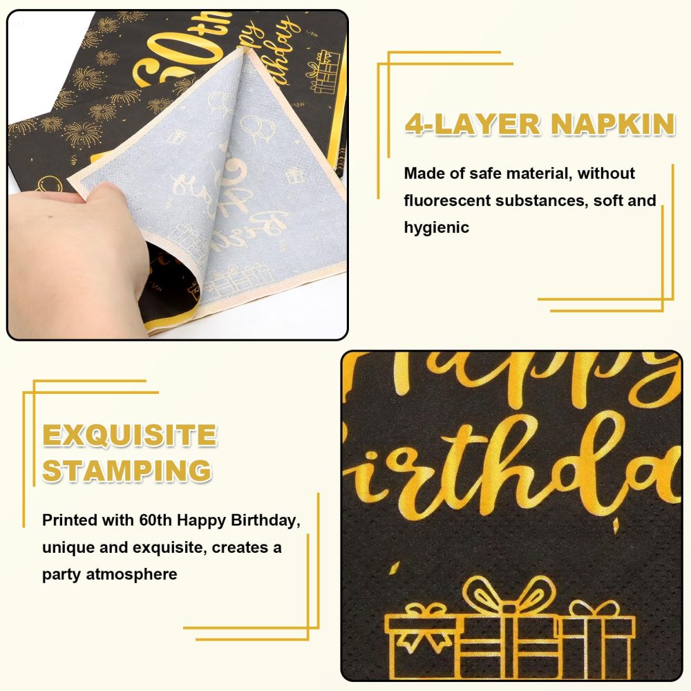 ZOCONE 60 Pcs 60th Birthday Napkins Black and Gold 60th Birthday Table Decorations for Men Women Disposable 60th Birthday Party Napkins Happy 60th Birthday Party Supplies Table Decor(60th, 60PCS) - Image 6