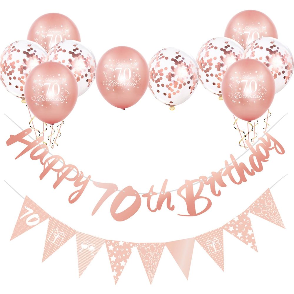 Rose Gold 70th Birthday Decorations for Women,12pcs 70th Birthday Decor Kit Happy 70th Birthday Bunting Banner Triangle Flag Banner 70th Birthday Balloons for Lady Her 70th Birthday Party Decorations