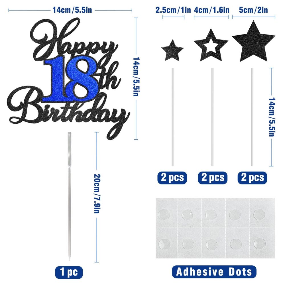 Happy Birthday Cake Topper 18, Eighteen Birthday Decorations Black Blue Glitter 18th Birthday Cake Decor with Star Sticks Birthday Anniversary Party Supplies for Boys Girls Teens Men Women - Image 7