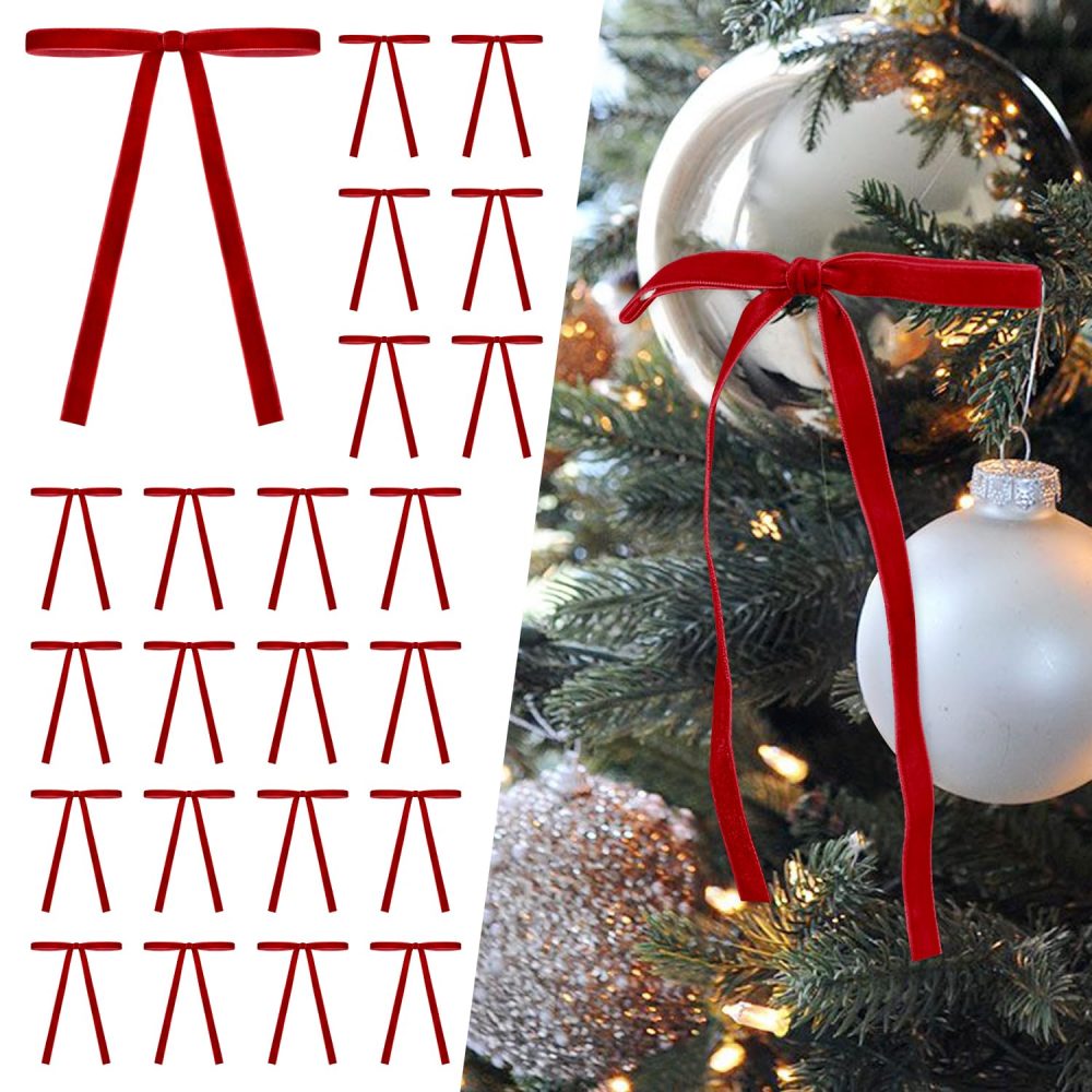 SIMISI RIBBON 24 Pcs Red Velvet Christmas Tree Bows Door Garland Decor Vintage Wreath Bow (3/8'' Width, 5 * 7 inch)