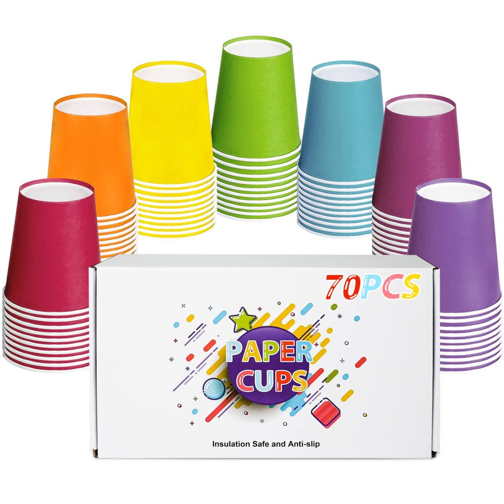 ENSINE 70 PCS Paper Cups, Rainbow Party Cups 7 Colors, 9 Ounce Paper Cups for Hot & Cold Drinking Cups, DIY Paper Party Cups for Christmas Birthday Holiday Halloween - Image 2